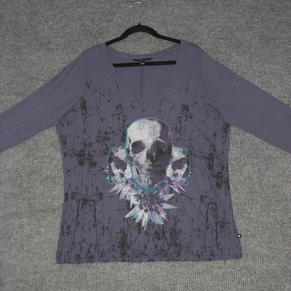 Rock Republic T Shirt Womens 1X Purple Skull Gothic Graphic V Neck Long Sleeve